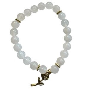 New Healing Stone White Jade Bead Gold Plated Rose Charm Stretch Bracelet Calm